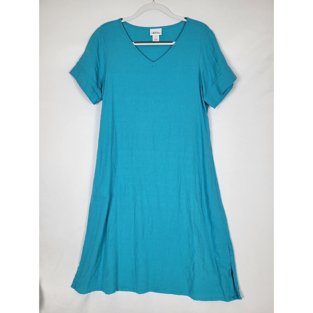The Vermont Country Store Linen Blend V Neck Dress Size Small Turquoise Blue